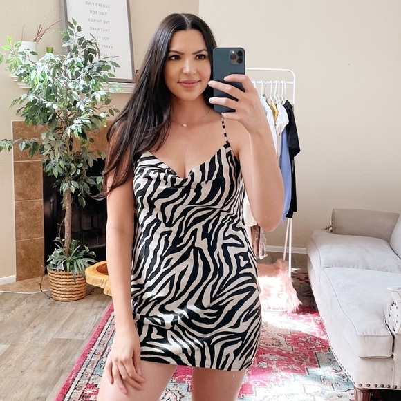 H&M Zebra Black and White Cowl Neck Mini Silky Dress - Picture 1 of 5